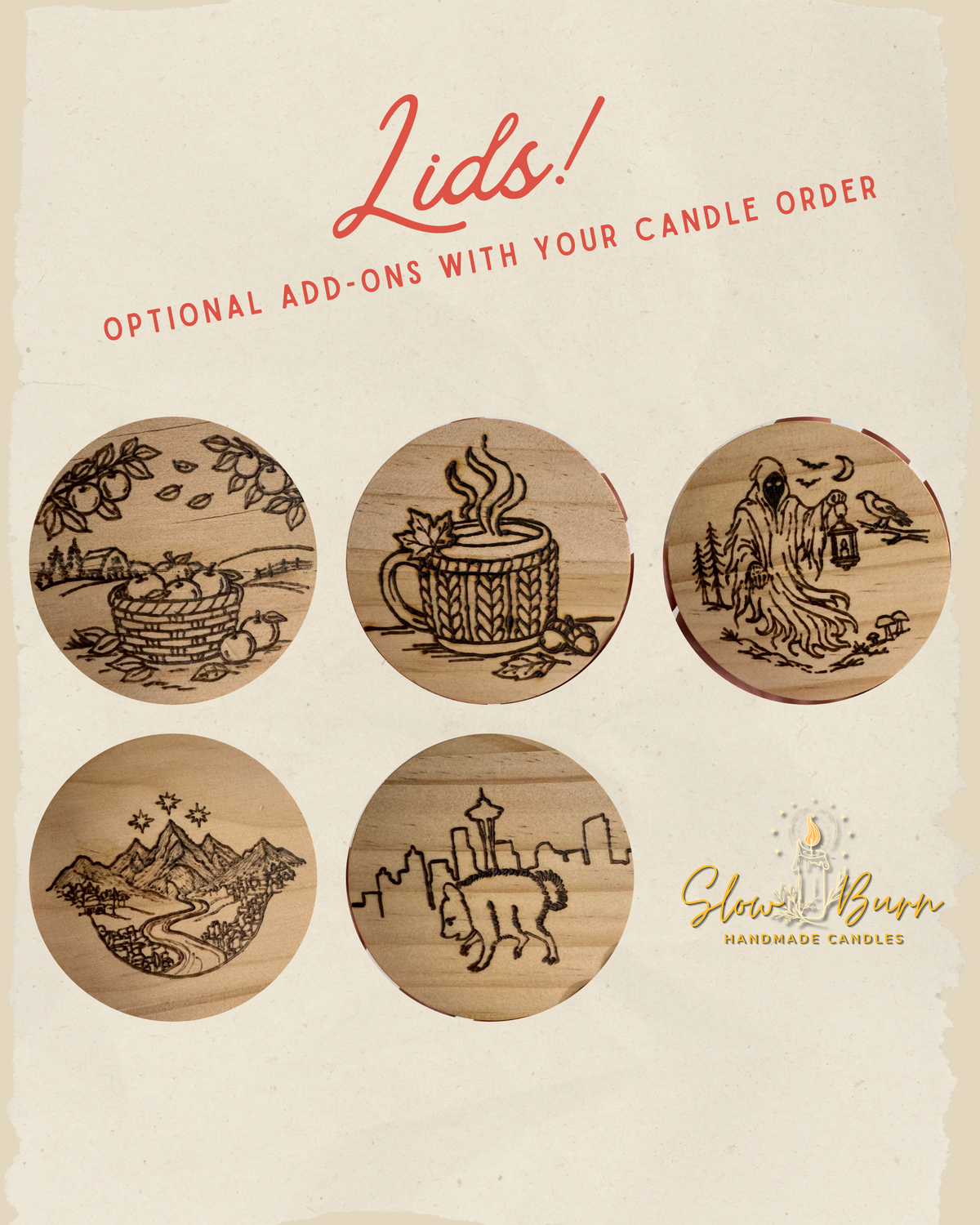 Autumn Drop Wood-Burned Lids (for 5oz candles only)